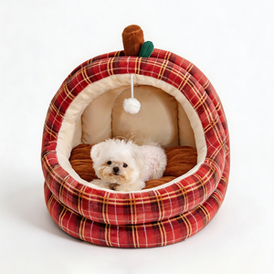 Lit <span class=keywords><strong>pour</strong></span> animaux de compagnie en peluche en forme de pomme de Noël, maison douce en forme de grotte <span class=keywords><strong>pour</strong></span> chiens et chats, nid rond chaud et moelleux avec coussin, durable et mignon - Product Image 1