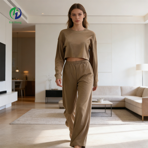 Ensemble de survêtement décontracté pour femme en tricot gaufré uni sans couture 2 pièces avec poches - Product Image 1