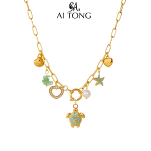 Collar con Colgante de Tortuga, Estrella de Mar y Vieira, Diseño Colorido en Acero Inoxidable, Estilo Resort Oceánico, Bañado en Oro, con Efecto de Goteo de Aceite, <span class=keywords><strong>para</strong></span> <span class=keywords><strong>Viajes</strong></span> - Product Image 5