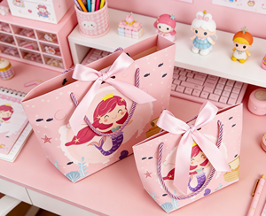 Mermaid Theme <b>Paper</b> Gift <b>Bag</b> with Handle, Made of Thick <b>White</b> Cardboard with Color Printing, Adorned with Pink Satin Ribbon Bow - Product Image 3