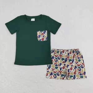 Ensemble 2 pièces pour garçons : T-shirt à manches courtes et short camouflage en coton biologique imprimé, collection chasse pour enfants, styles variés, vente en gros - Product Image 4