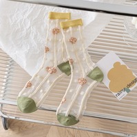 Chaussettes en maille brodées de fleurs vintage de luxe pour femmes, élégantes, avec fleurs 3D, en soie transparente et cristal, chaussettes fines respirantes pour l'été