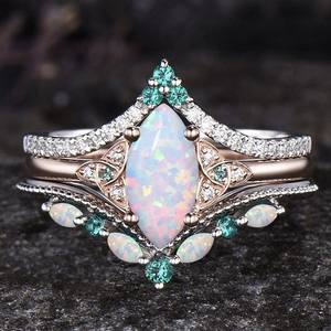 yunnique Opal <b>Ring</b> Set Rose Gold Three Piece Women's Fashion Jewelry Party Wings Design Geometric Shape Inlaid Marquise <b>Stone</b> - Product Image 1
