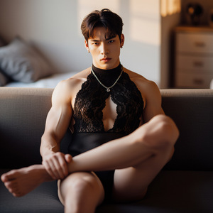 Men's hollowed-out lace bodysuit, sexy mesh lingerie, open crotch, erotic, seductive set, crossdressing couple outfit - Product Image 1