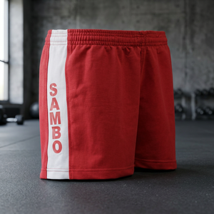 Pantalones Cortos Rojos de Sambo con Franja Lateral Blanca, Unisex, Transpirables, de Poliéster/Algodón, de Secado Rápido, Resistentes al Encogimiento, Ropa Deportiva - Product Image 3