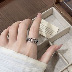 S925 Sterling Silver Korean Style Retro Hollow Diamond Pattern <b>Ring</b> Geometric <b>Open</b> Design Women's Fashion Jewelry - Product Image 1
