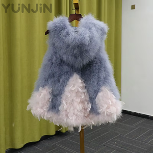 Hooded Feather Vest for Women with Ostrich and Turkey Feathers, Mid-Length Lace <strong>Longline</strong> <strong>Waistcoat</strong> for Autumn Winter - Product Image 1