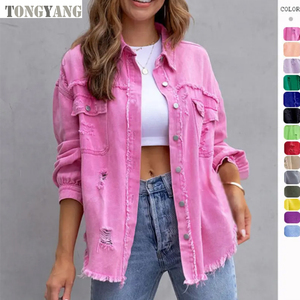 TONGYANG 2024 tendencia primavera otoño recién llegados Jeans abrigo moda rasgado Jeans <span class=keywords><strong>chaqueta</strong></span> de manga larga Casual vaquero chaquetas de mujer - Product Image 1