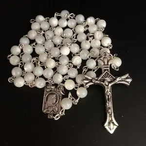 Wholesale 6mm sea shell natural beads catholic rosary necklace, religious rosario with Jesus cross