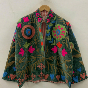 Chaqueta Bomber Étnica de Terciopelo Verde Oscuro para Mujer, Hecha a Mano, con Flores, Transpirable, de Algodón, Mangas Largas, para Otoño/Invierno - Product Image 1
