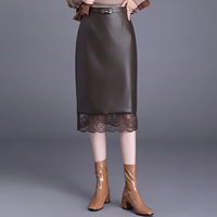 Jupe en similicuir pour femme, ourlet en dentelle, ceinturée, taille haute, coupe crayon, longueur midi, élégante, pour le bureau, le travail, les trajets quotidiens, automne-hiver
