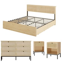 Ensemble de chambre à coucher 4 pièces en rotin naturel et bois style ferme, avec lit Queen, commode et table de chevet, idéal pour appartement et hôtel