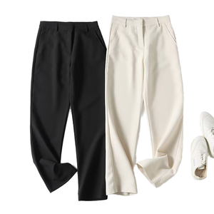 Pantalon droit taille haute pour femme, couleur unie, en tissu crêpe, infroissable, longueur complète, décontracté, pour l'automne - Product Image 1