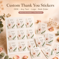 Lot de 9 autocollants floraux de remerciement en gros, motif botanique aquarelle, texte et logo personnalisés, pour emballage de petites entreprises, MOQ 100