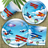 Ensemble de fournitures de fête jetables de haute qualité à thème avion de dessin animé, comprenant assiettes en papier, gobelets en papier, serviettes et nappe, très vendu