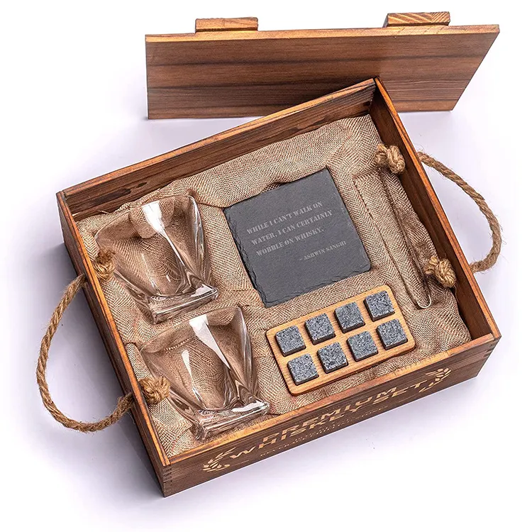 Boîte-cadeau en bois avec logo personnalisé pour whisky verres à vin ensemble avec tartare de glace meilleurs cadeaux pour hommes papa mari fête d'anniversaire