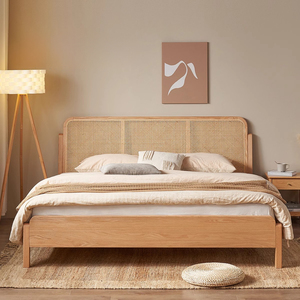 Marco de cama de madera maciza de roble Simple moderno de estilo francés cama de ratán para dormitorio elegante cama de madera - Product Image 5