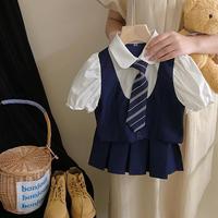 Ensemble Preppy d'Été Style Coréen pour Enfants : Chemise et Jupe Plissée 2 Pièces Tendance pour Filles