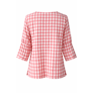 เสื้อลายตาหมากรุกผ้าฝ้ายผู้หญิงทรงกระดิ่งแขนกระดิ่งเสื้อท่อนบนผ้าคอตตอน100% น้ำหนักเบาเสื้อผ้าแฟชั่นเป็นมิตรกับสิ่งแวดล้อม - Product Image 2