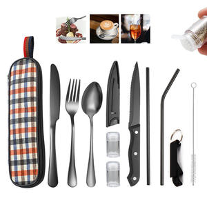 Ensemble de couverts en acier inoxydable avec couteau, fourchette, cuillère, étui à carreaux, portable, pour dîner en plein air, voyage, camping, ustensiles écologiques - Product Image 4