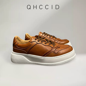 Qhccid Genuine Leather Casual Shoes Brown Mid <b>Heel</b> Thick Sole Unisex Breathable Lightweight Daily Wear - Product Image 4