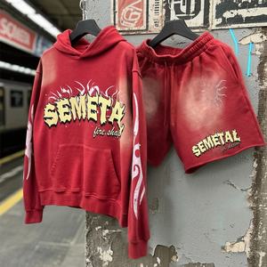 ชุดสตรีทแวร์สั่งทำพิเศษ ผ้าฝ้าย 100% ชุดเซ็ตเสื้อฮู้ดดี้และกางเกงขาสั้นพิมพ์ลายฟอกสี 2 ชิ้น ชุดวอร์มดีไซน์เนอร์ประดับคริสตัล ผู้ผลิต - Product Image 1