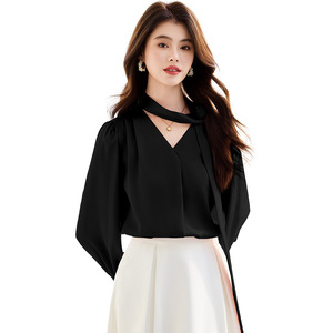 French Style V-neck Long Sleeve Shirt Women Chiffon Solid Color <b>Wrap</b> Tie Commuting Blouse Fln590 - Product Image 5