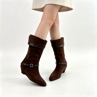 Bottes mi-mollet imperméables en faux daim à bout pointu et talon compensé pour femme, avec revers rabattable et bride à boucle métallique, style vintage, personnalisables et tendance