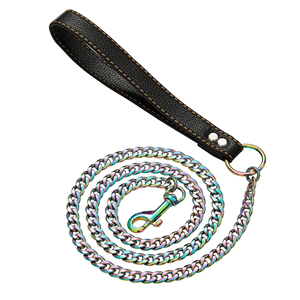 Correa de perro de cadena de color dorado y plateado de acero inoxidable con asa de cuero para perros pequeños, medianos y grandes - Product Image 3