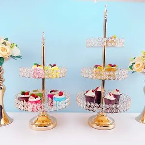 Оптовая продажа, Круглый Серебряный дисплей для свадебных кексов, двухъярусный десертный поднос, 3-уровневая подставка для торта с ручкой