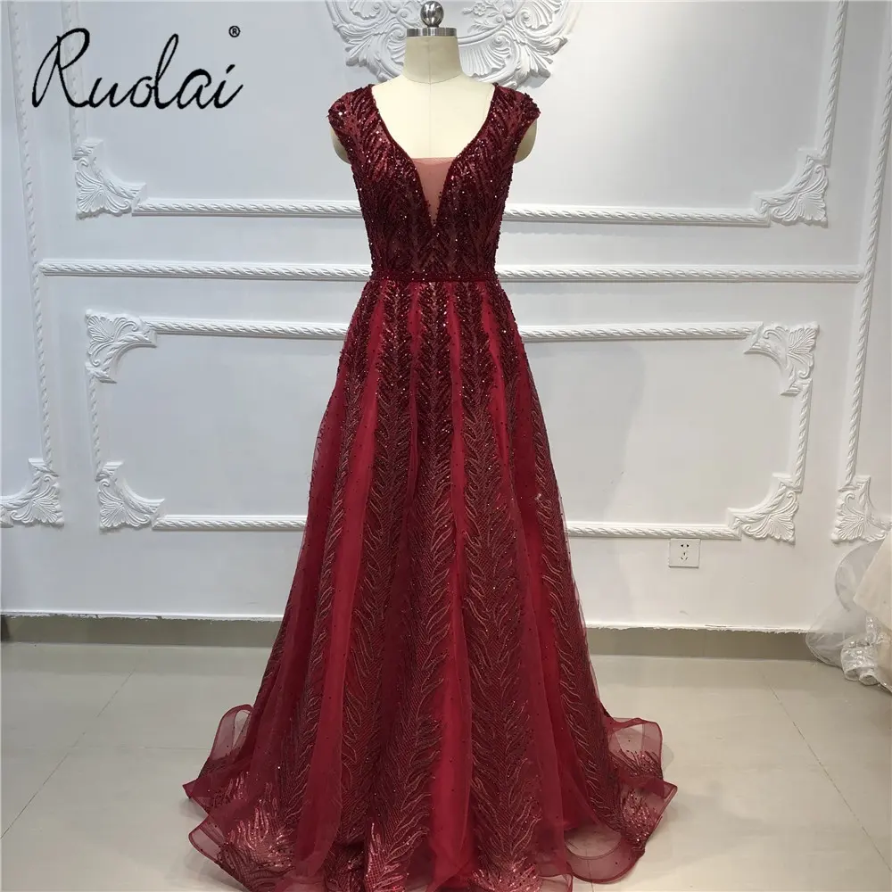 Ruolai vestido longo elegante com decote em v, luxuoso, com miçangas acolchoadas, vermelho, para festa de baile, para mulheres, OEV-L4277
