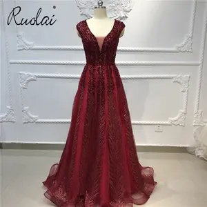 Ruolai OEV-L4277 लक्जरी बहतरीन वि गर्दन Appliqued मोती लाल प्रोम शाम पोशाक के साथ महिलाओं के लिए लंबे समय पार्टी के कपड़े शानदार