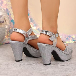 <b>Glitter</b> Platform Block Heel Sandals Open Toe Ankle Strap Buckle Party Evening Dress Footwear - Product Image 5