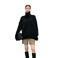 Pull en tricot pour femme Anqi, col roulé, noir uni, crochet, laine/nylon, épais, respirant, anti-boulochage, pour le bureau, 500g