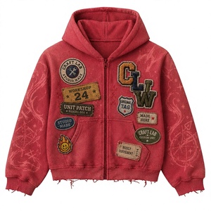 Sudadera con capucha pesada OEM con cremallera, de algodón y felpa, con efecto desgastado, bordes sin rematar, aplique de letras, estilo urbano, personalizada para hombre - Product Image 1