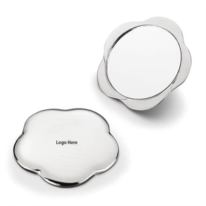 Custom Logo High Quality Silver Pocket Petal Shape Hand Held Zinc Alloy Compact Mirror Portable Classic Purse Girls Gifts Nickel