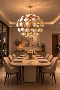 Lustre moderne de style Mid-Century en laiton, design Pissenlit Sputnik, suspension de style Stilnovo italien avec disque blanc, luminaire de plafond - Product Image 2