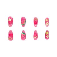 Ongles press-on tendance été les plus vendus, avec un motif fraise et pastèque, faits à la main, réutilisables et faciles à appliquer