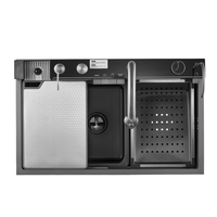Évier de cuisine multifonctionnel intelligent avec robinet extractible et robinet cascade et accessoires Nano Noir