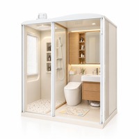 Unit Kamar Mandi Prefab Modern, Kamar Mandi Tertutup dengan Kaca Temper, Rangka Aluminium Alloy, Alas Keramik, Pemisah Area Kering dan Basah