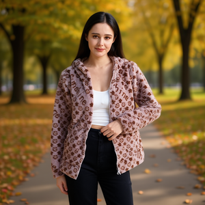 Chaqueta con Capucha de Piel Sintética con Estampado de Leopardo para Mujer, Cierre de Cremallera, Largo Regular, con Logotipo en la Parte Delantera - Product Image 2