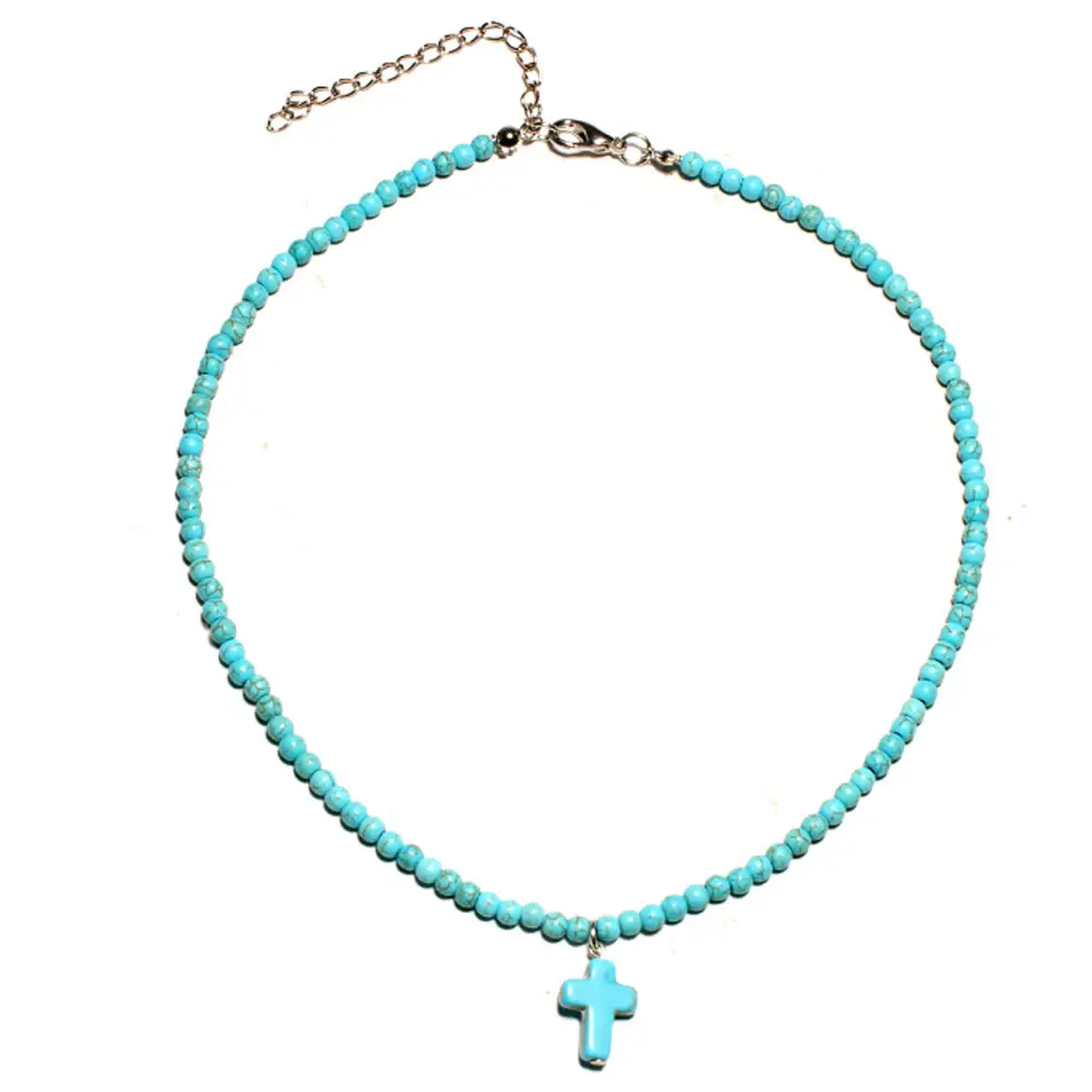 handmade blue turquoise and white howlite 4mm gemstone seed beads cross choker necklace with cross pendant