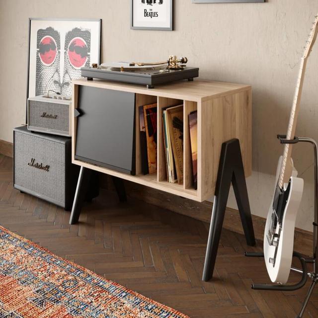 Custom Vintage Wood Record Player Stand with Vinyl Storage