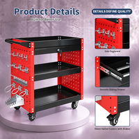 Chariot à outils mobile industriel à 3 niveaux avec panneau perforé, roulettes, serrure à clé, capacité de charge élevée pour l'organisation de l'espace de travail de garage