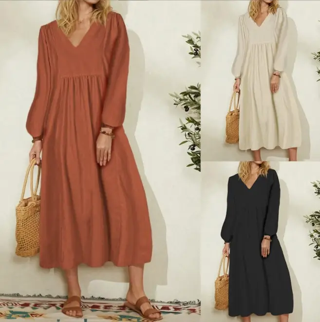 Spring New Fashion Women's Cotton And Linen Loose Lantern Sleeve Dress