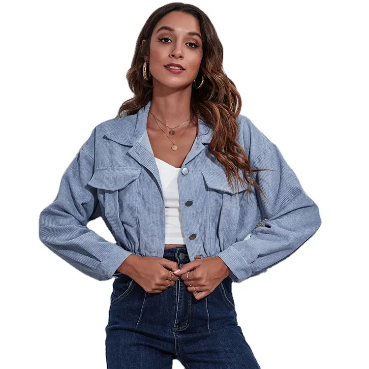 2023 कॉरडरॉय जैकेट ठोस रंग एकल छाती कंधे महिलाओं शॉर्ट जैकेट लंबी आस्तीन जेब कपड़े महिलाओं एक टुकड़ा शीर्ष