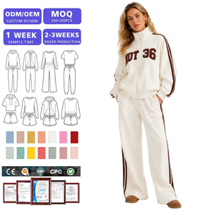 Ensemble de survêtement 2 pièces pour femme à rayures, veste zippée à col montant avec imprimé lettres, pantalon large à rayures latérales, en polaire douce, BSCI OEM - Product Image 1