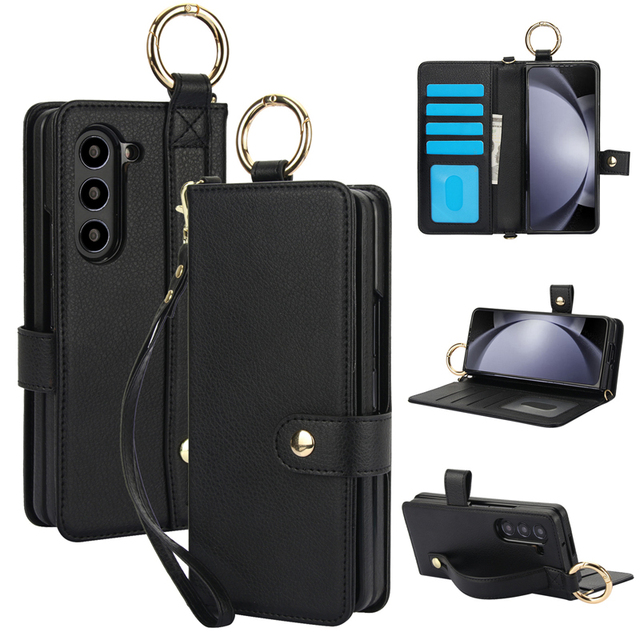 For Samsung for Galaxy Z Fold 5 Accessory Slim Portable Cell Phone Case Wallet with S Pen Holder Flip Kickstand and Wrist Strap
