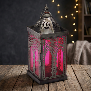 Lanterne de style marocain avec suspension en métal vintage en verre rose Lampe décorative élégante pour la maison et le jardin - Product Image 1