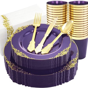 Tùy Chỉnh 7Pcs Không Thể Phá Vỡ BPA Miễn Phí Dùng Một Lần Mạ Vàng Cứu Trợ Nhựa Đồ Ăn Trang Trí Wedding Party Bộ Đồ Ăn - Product Image 5